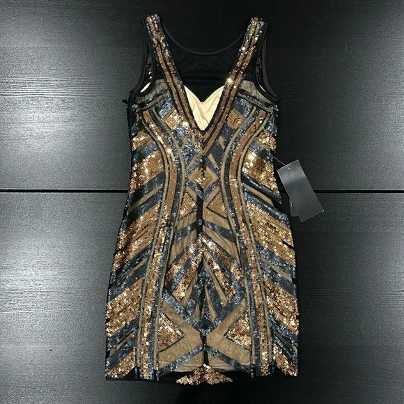 Bebe Black Gold Copper Geometric Sequin Mesh Bodycon Dress Size XS